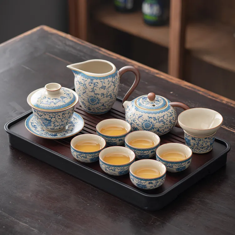 青花米黄汝窑功夫茶具套装家用办公喝茶中式高档陶瓷泡茶壶喝茶杯