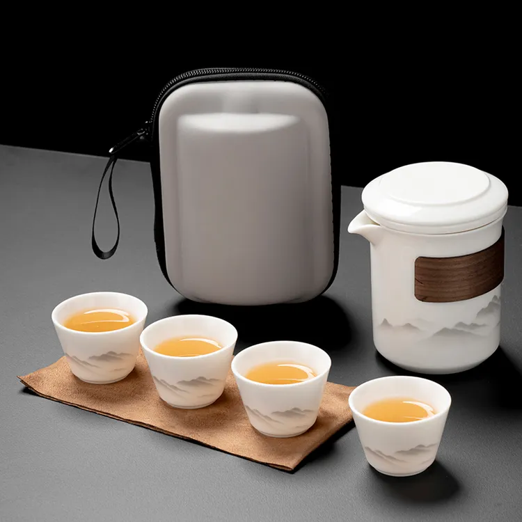 陶瓷快客杯便携旅行茶具套装一壶四杯户外车载陶瓷茶壶茶杯随身泡