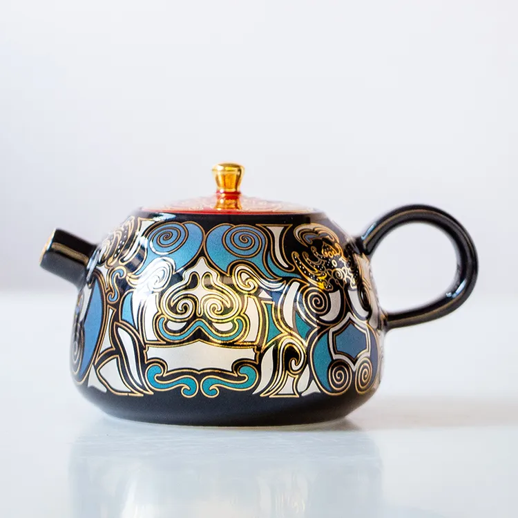 泡茶壶金银错工艺饕餮纹单个小号壶轻奢陶瓷茶具中式家用礼盒装