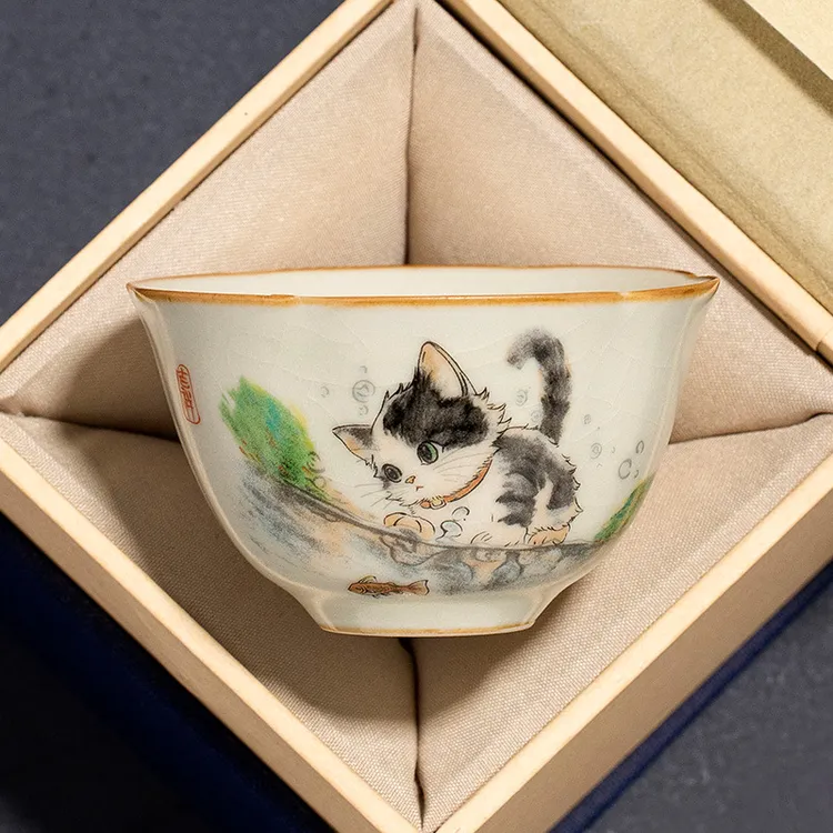 汝窑萌猫陶瓷茶杯高档主人杯品茗杯单杯功夫茶具开片可养茶盏茶碗
