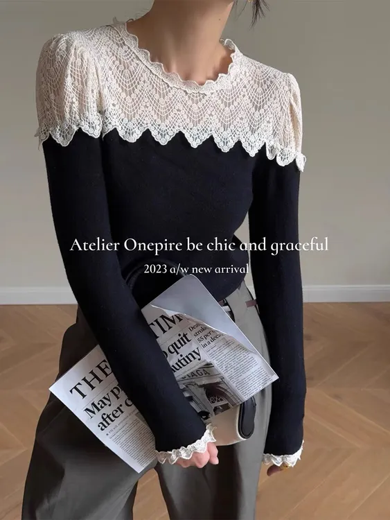 蕾丝缕空长袖针织衫女2023秋季新款套头温柔风甜美减龄上衣毛衣潮