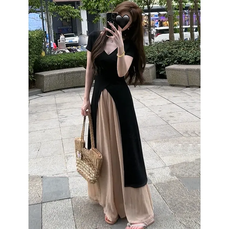 【换季特惠】时尚气质收腰黑色连衣裙裤两件套御姐高级感