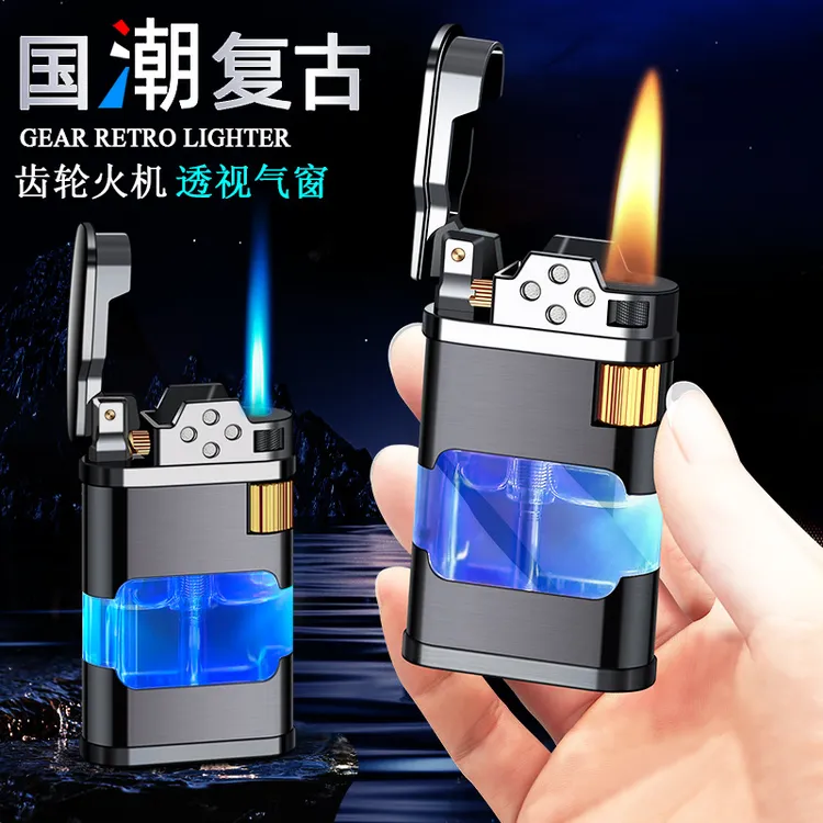 新款个性高端充气式直冲明火齿轮打火机气窗带灯侧滑轮创意点烟器
