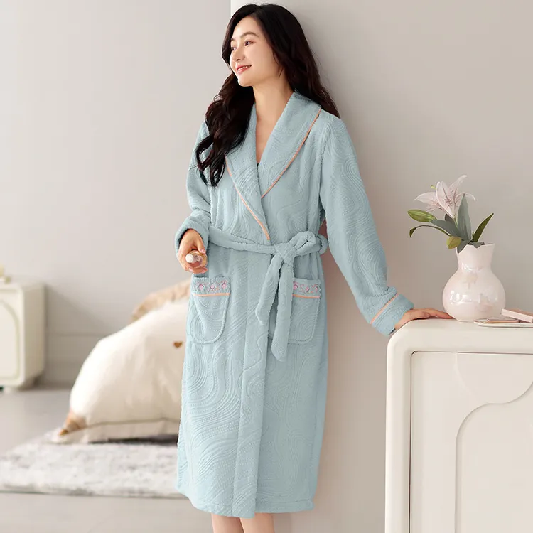 法兰绒睡袍女秋冬季加绒加厚加长款睡衣保暖珊瑚绒浴袍家居服裙子