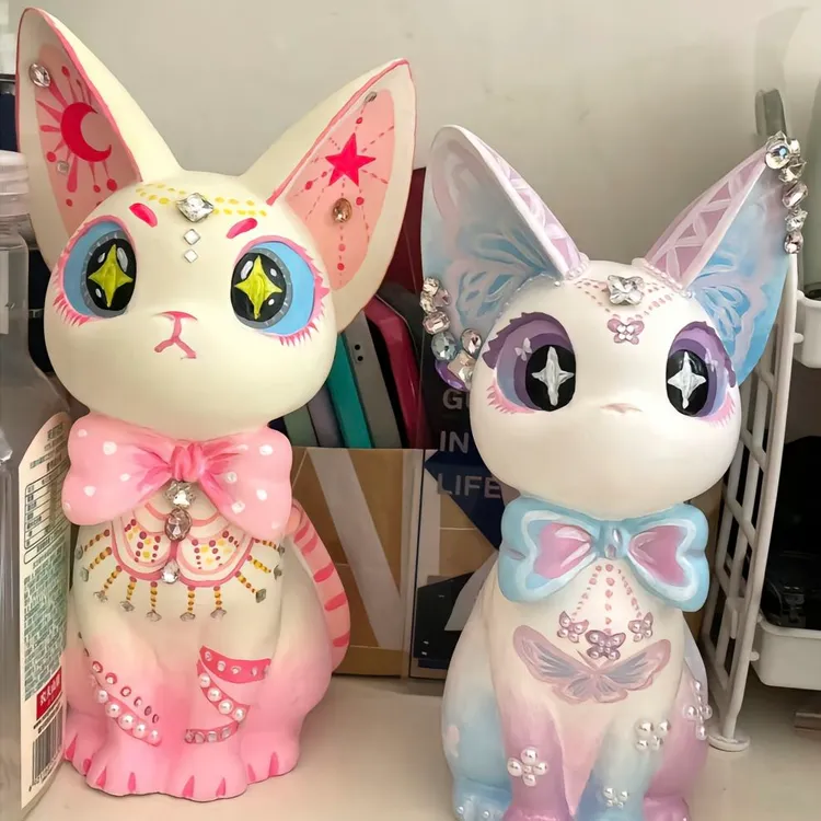 【到手4只】3d吉吉猫送颜料工具涂色石膏娃娃摆件潮玩涂鸦彩绘diy