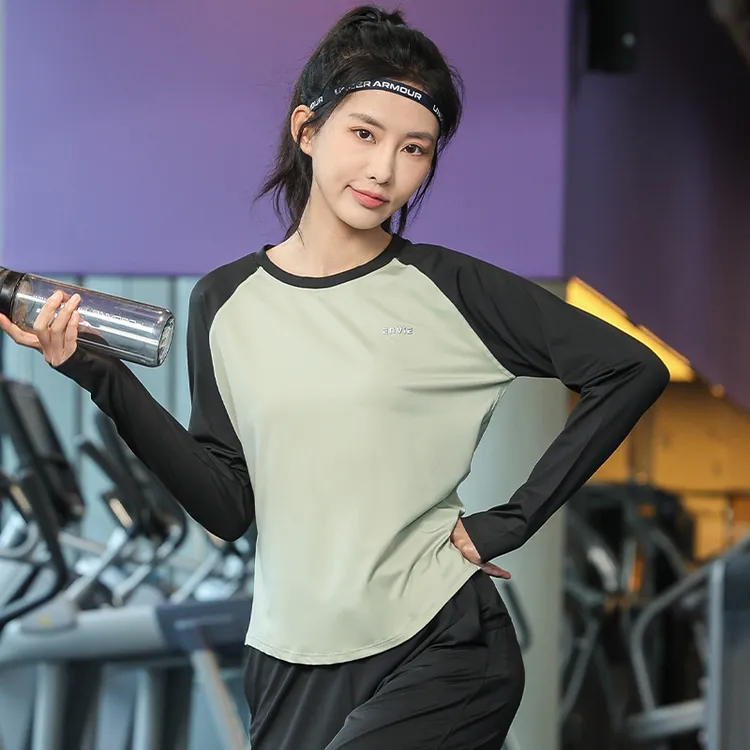 春季大码宽松跑步运动透气圆领长袖女撞色设计健身休闲速干衣9291