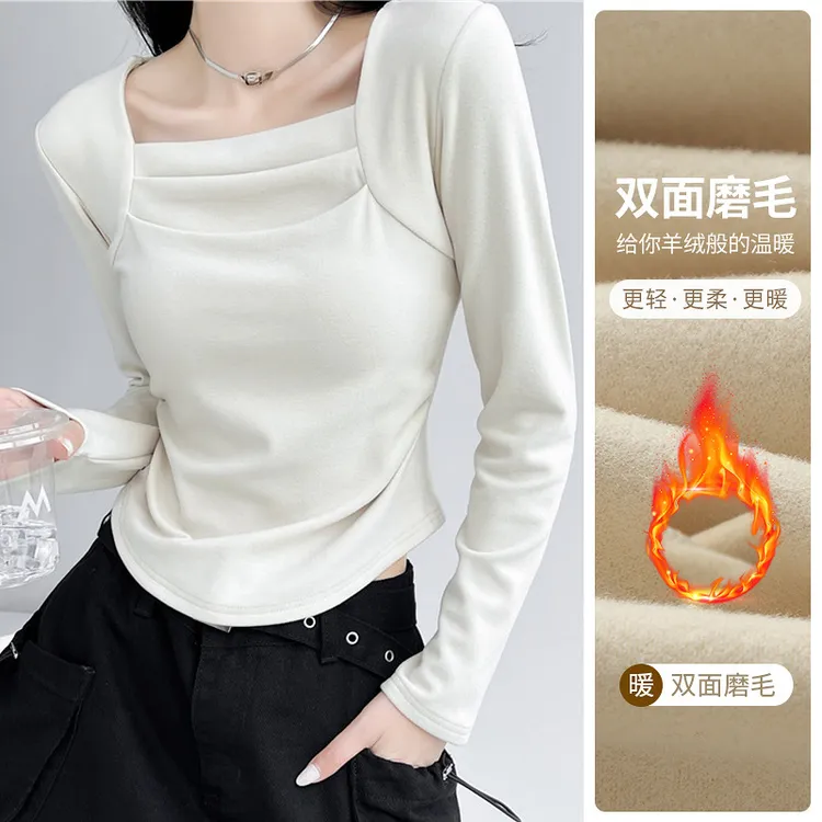 方领打底衫女秋冬2025新款德绒加绒保暖长袖T恤内搭修身外穿上衣