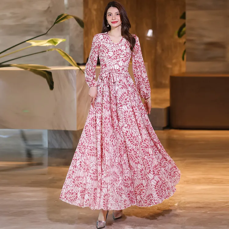 香衣丽华07-202长袖V领花色大摆气质简约连衣裙修身显瘦气质长裙