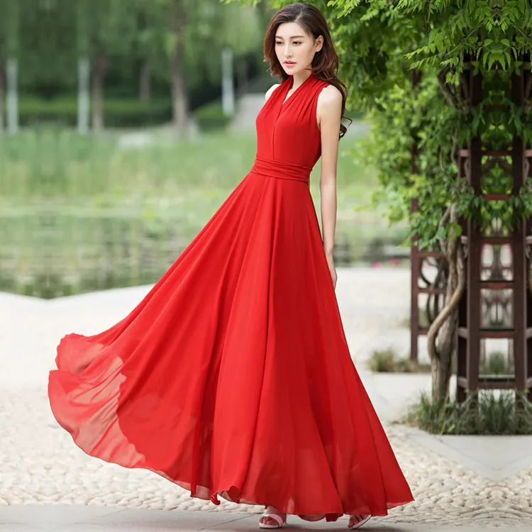 香衣丽华夏季新款气质女装宝蓝大摆长裙无袖修身显瘦雪纺连衣裙仙