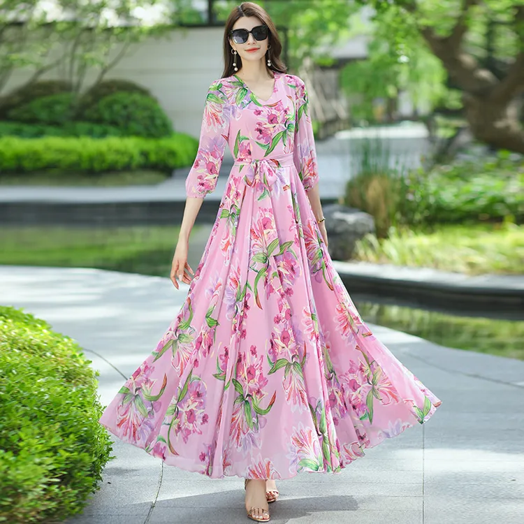 香衣丽华（09款237）7分袖V领花色套头大摆连衣裙修身显瘦气质长裙