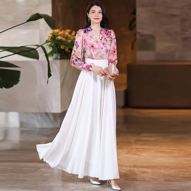 香衣丽华28A白色粉花长袖V领花色大摆连衣裙修身显瘦气质显瘦长裙