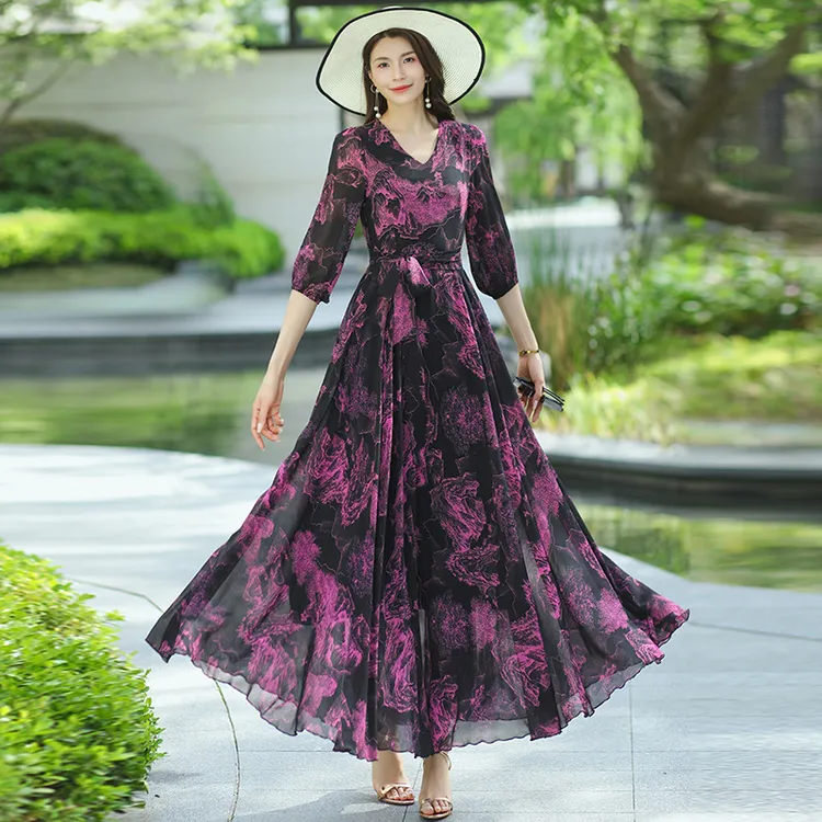 香衣丽华（09款236号花）7分袖花色V领套头大摆连衣裙修身显瘦长裙