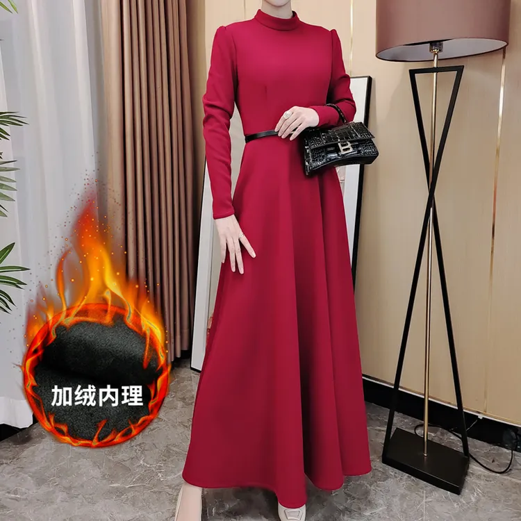 香衣丽华304-282冬季加厚加绒长款过膝立领大摆连衣裙修身显瘦