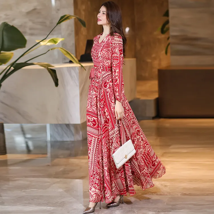 香衣丽华0778长袖V领花色套头大摆过膝连衣裙修身气质简约长裙