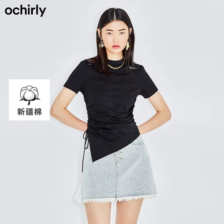 黑标系列 欧时力新品新疆棉不规则绑带设计感修身短袖t恤女