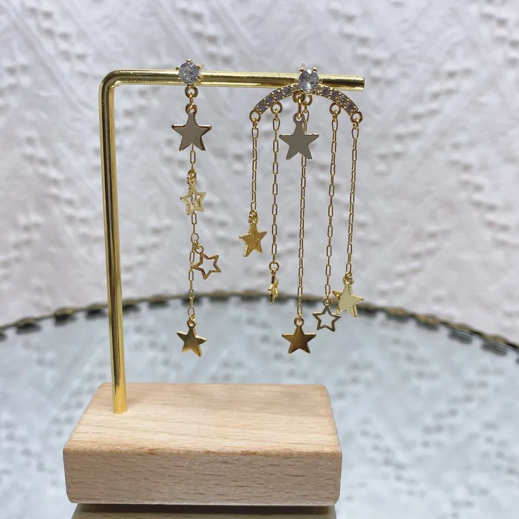 合金锆石耳饰 joy's原创星星彩虹AB款不对称耳钉耳线长款气质流苏