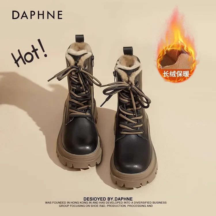 达芙妮马丁靴女2025爆款秋冬加绒加厚保暖雪地靴厚底棉鞋黑色短靴