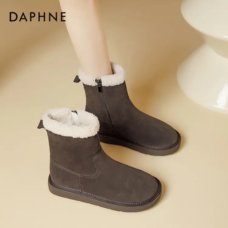 达芙妮雪地靴女2025爆款秋冬加绒加厚皮毛一体棉鞋短筒保暖马丁靴
