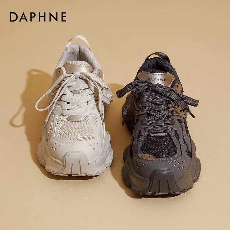 达芙妮香槟色老爹鞋女2025爆款秋冬透气厚底显脚小灰色休闲运动鞋