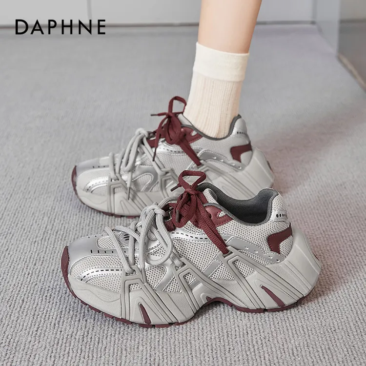达芙妮银红色老爹鞋女2025新款春秋爆款双鞋带美式机能风运动鞋子