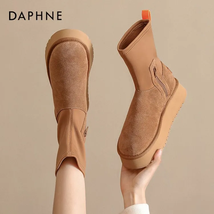 达芙妮铅笔雪地靴女冬2025爆款厚底加绒保暖弹力袜靴皮毛一体棉鞋