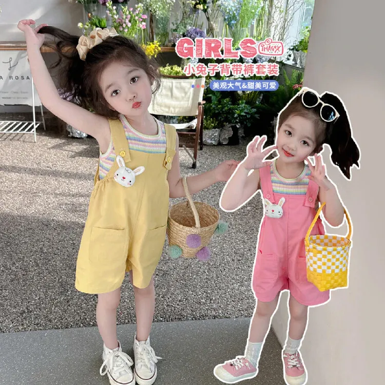 女童兔耳朵套装夏季2024新款洋气儿童背带衣服两件套女宝宝夏装