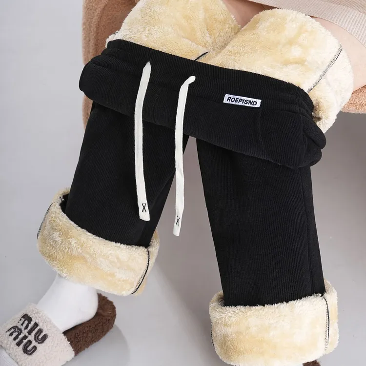 黑色窄版羊羔绒阔腿裤女秋冬加绒2025新款高腰宽松雪尼尔休闲直筒