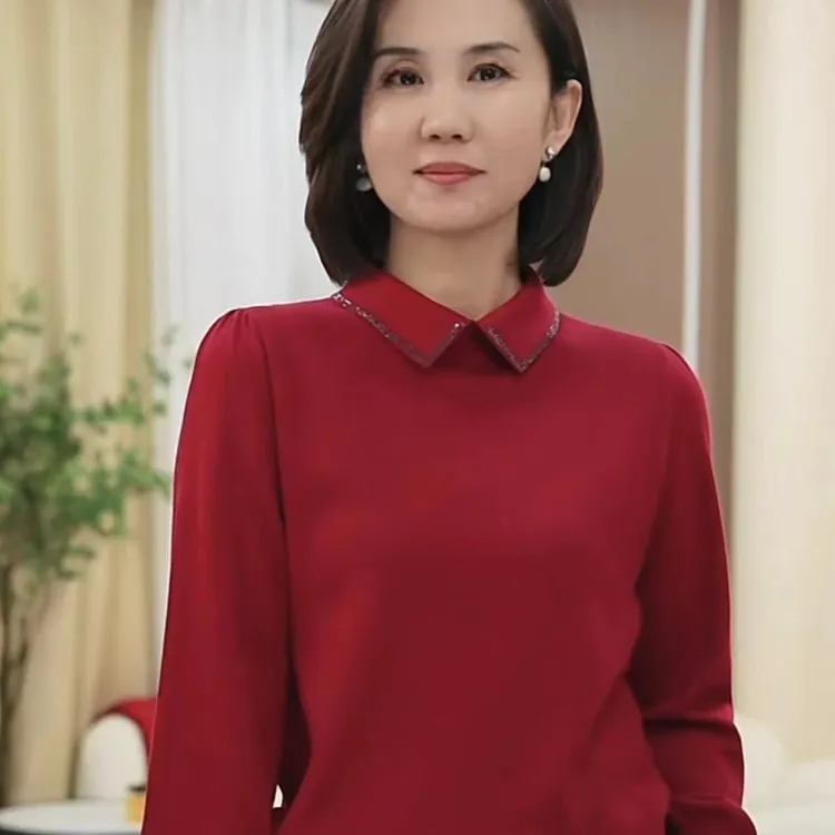 精纺羊毛POLO领打底衫女针织纯色宽松显瘦长袖毛衣红色春秋款上衣