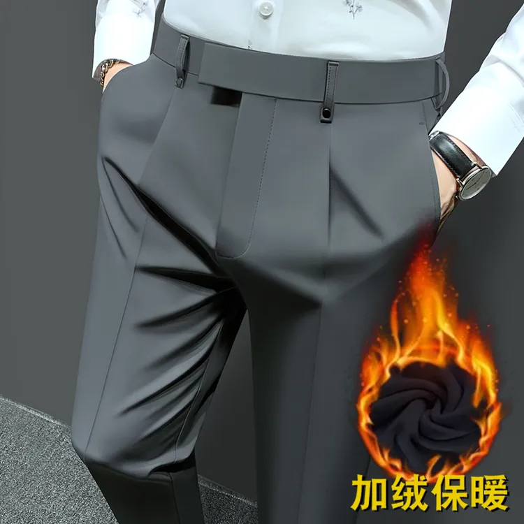 Tispair休闲裤男士修身西裤 秋冬加绒厚保暖九分商务免烫垂感裤子