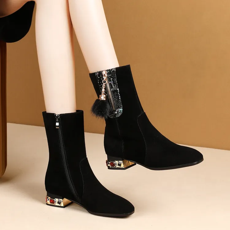 圆头磨砂短靴女春秋单靴中筒靴女冬季加绒中跟粗跟大码女靴41-43