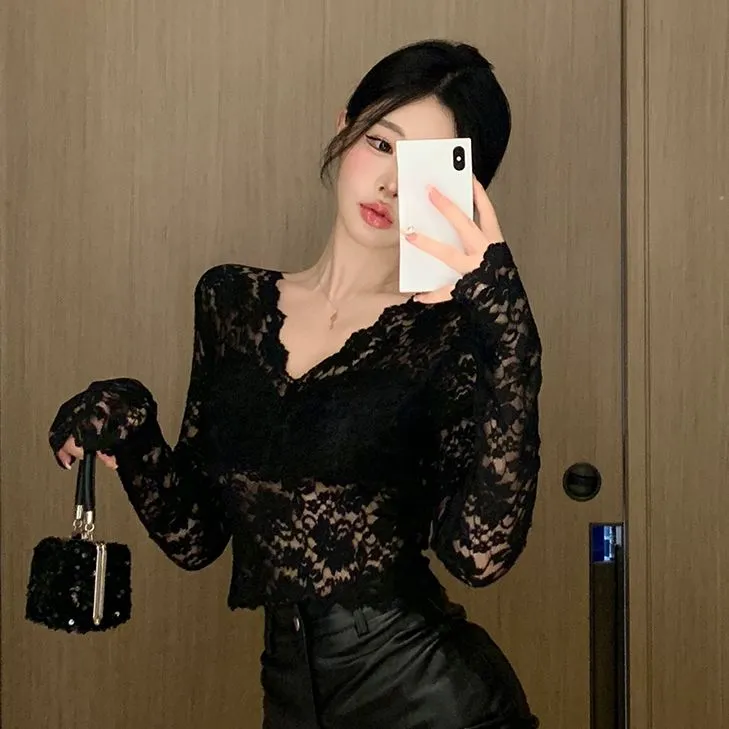 黑色纯欲蕾丝上衣女带胸垫长袖打底法式v领别致绝美上衣法式显瘦