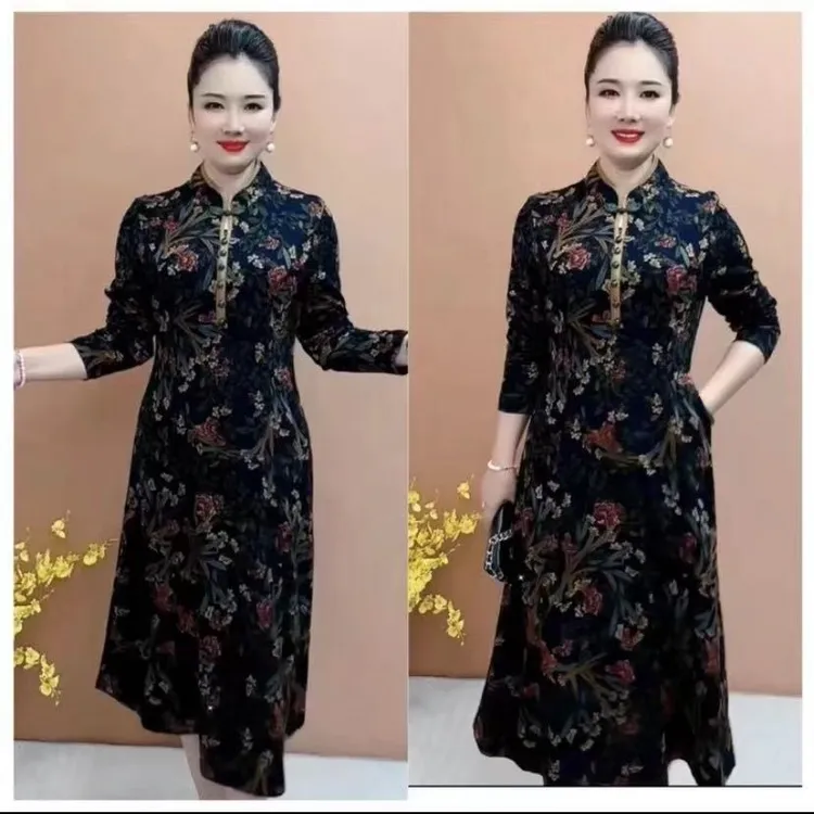 2024款印花春秋中长款洋气修身秋季显瘦气质时尚连衣裙早秋显瘦