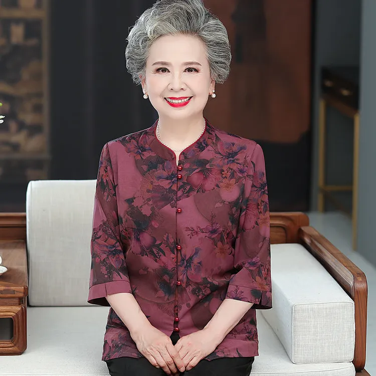 奶奶夏装衬衣60岁70中年上衣中老年妈妈衬衫女80岁老人气质上衣