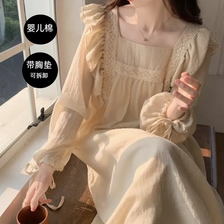 宫廷风棉麻睡衣女春秋季甜美自带胸垫纯棉睡裙家居服可外穿长袖