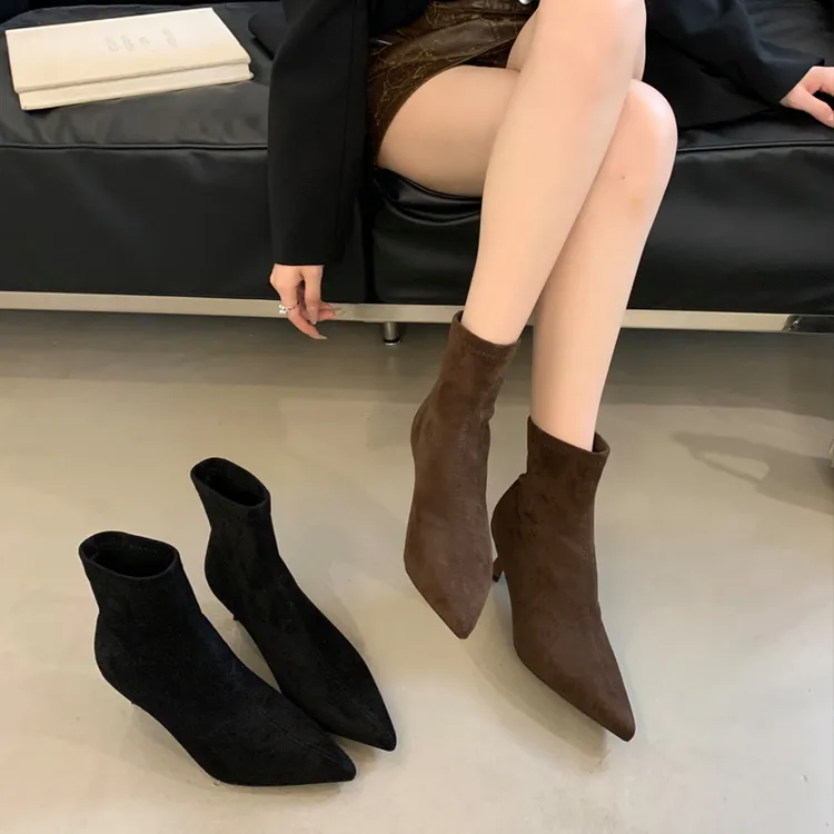 5CM 高跟短靴女裸靴欧洲站尖头细跟绒面弹力袜靴网红棕色瘦瘦靴