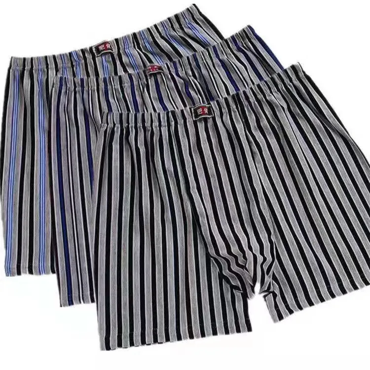 大码宽松男士棉内裤高腰内裤透气肥佬中老年四角爸爸条纹平角内裤