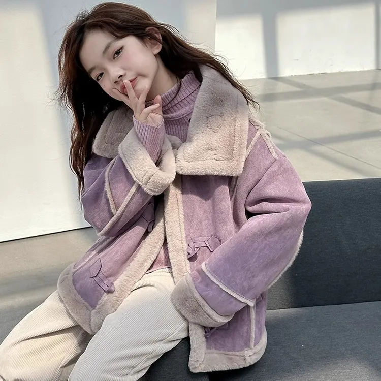 女童秋冬款皮毛一体外套2024新款中大童加绒加厚冬装儿童洋气上衣