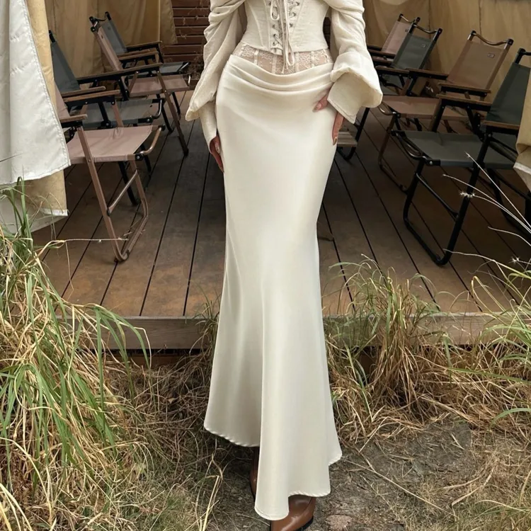 BETTER ME 杏色冷淡风高级感蕾丝拼接缎面半身长裙