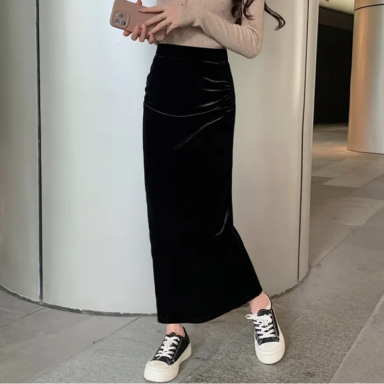 金丝绒半身裙女褶皱包臀裙2023春秋高腰复古开叉显瘦中长款一步裙