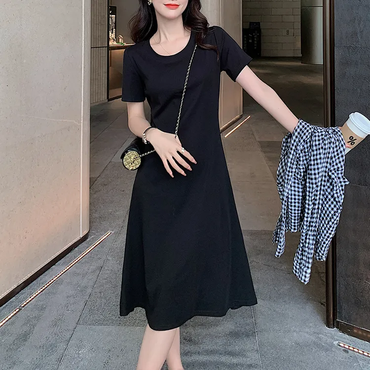 连衣裙夏装2025年新款时尚圆领宽松休闲中长款大码百搭大摆a字裙