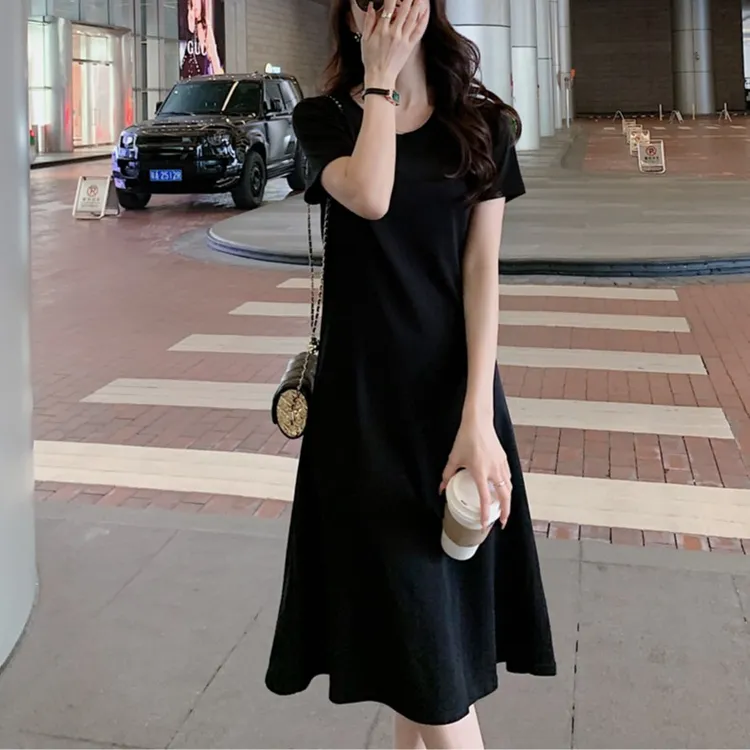 大码连衣裙女2025夏装新款圆领宽松休闲中长款大码百搭大摆a字裙
