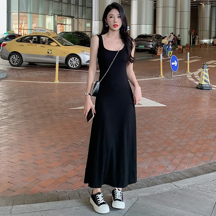轻奢高端女装方领休闲显瘦长款吊带裙背心裙小个子拖地法式连衣裙