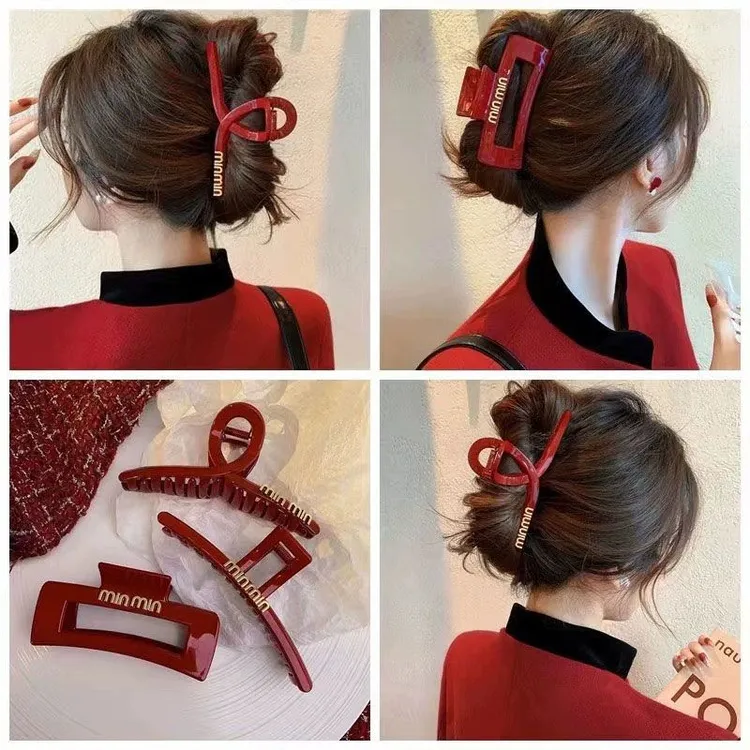 非金属发饰 法式红色字母发夹后脑勺鲨鱼夹子头饰气质网红时尚ins