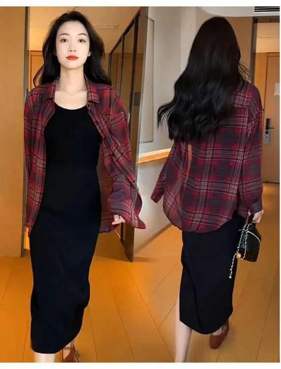 夏季韩版气质时尚衬衣清薄透气防晒格子长袖衬衫女抗皱百搭显瘦
