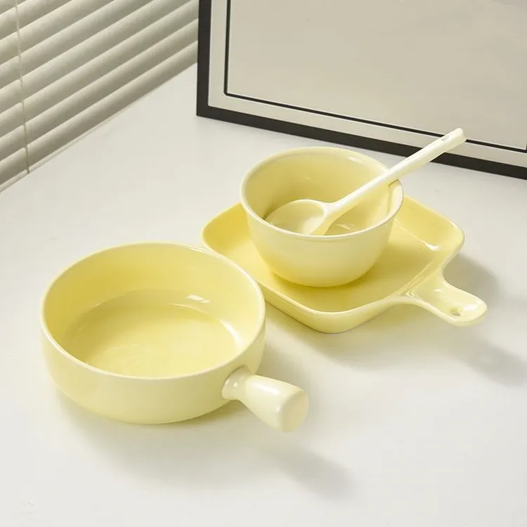 奶fufu陶瓷一人食手把碗手把盘焗饭碗奶油色釉下彩少女心餐具套装