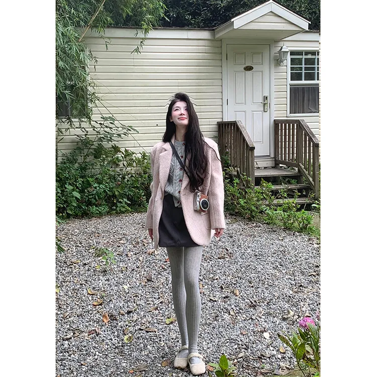 2024秋冬新款时尚慵懒风气质宽松西装外套灰色针织马甲高腰短裙