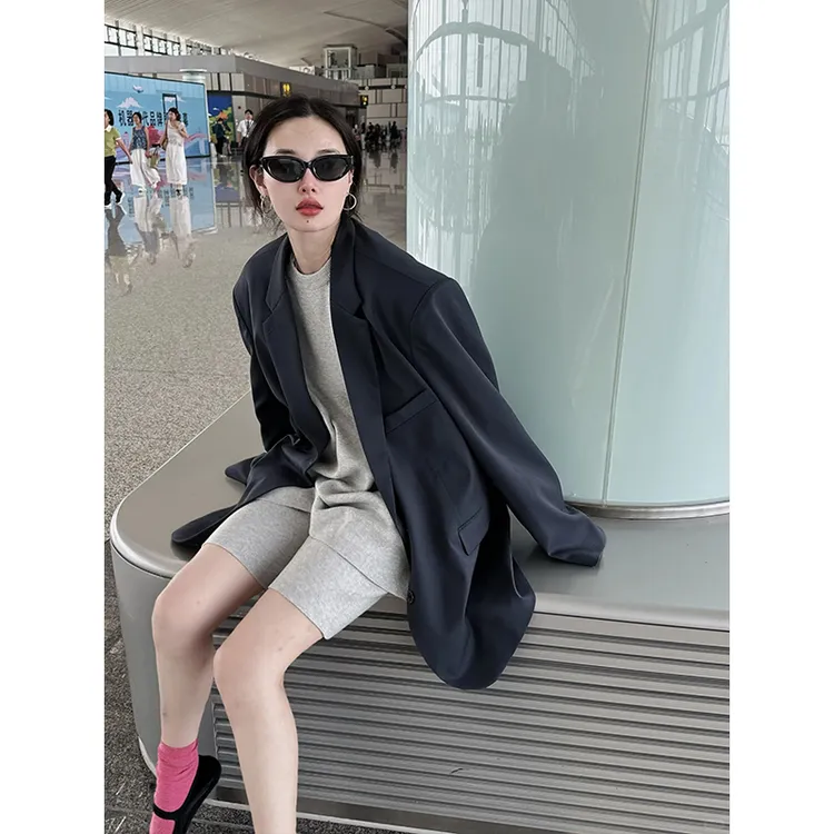 时尚御姐轻职风气质高级感宽松西装外套圆领长袖T恤上衣休闲短裤