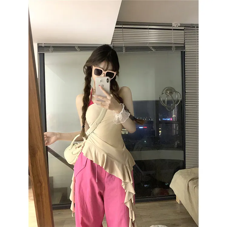 【假日甜心】夏日辣妹显瘦玫红色吊带背心女2024高腰显高休闲阔腿裤