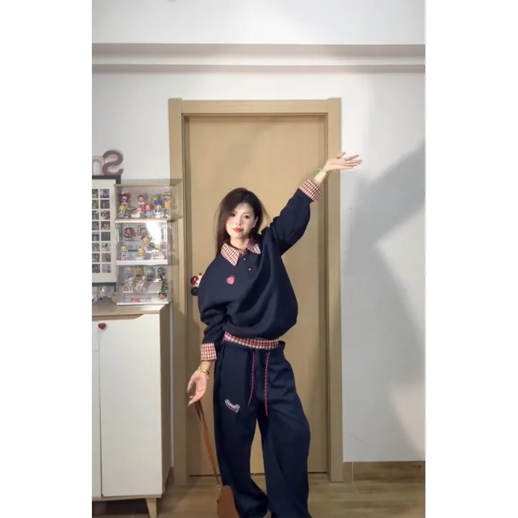 美式复古休闲风撞色格子拼接长袖T恤2024早秋新款高腰抽绳阔腿裤