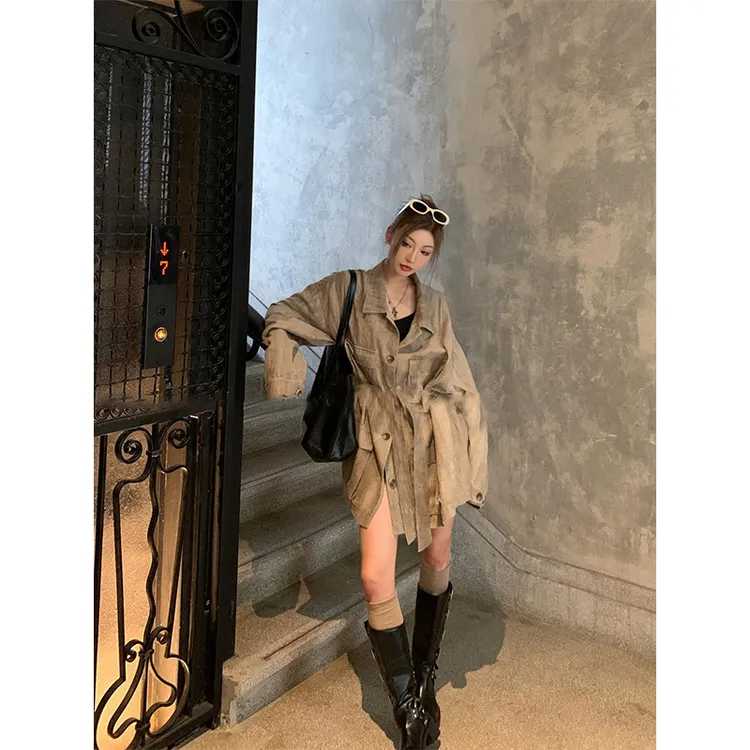 时尚重磅水洗废土风含腰带慵懒衬衫女2024秋冬季新款高级外套上衣